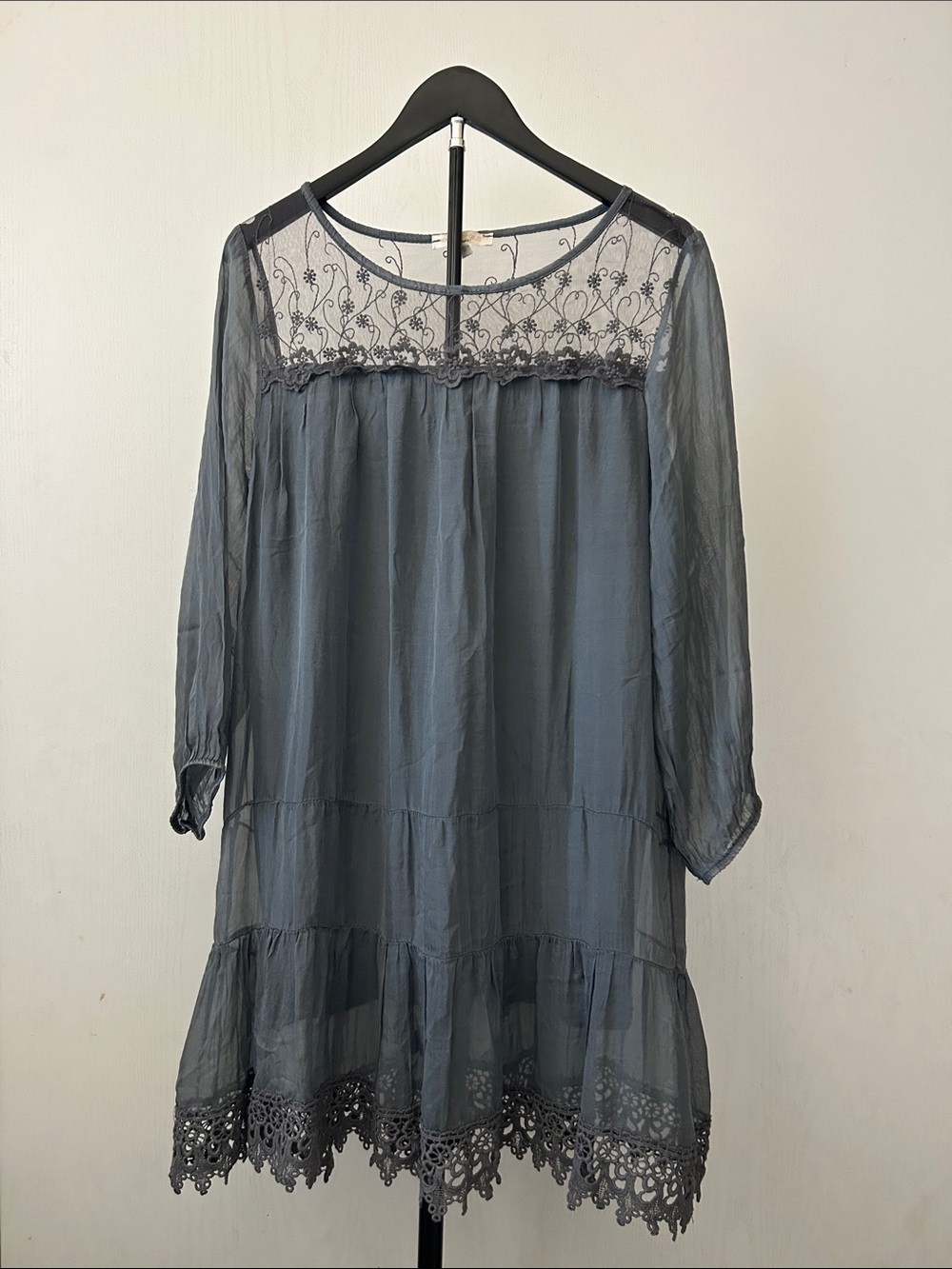 Sheer Lace Yoke Grey Women’s Dress Cottagecore Romantic Whimsical